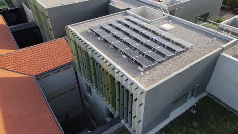 Roof-of-a-building-with-solar-panels-Montpellier-aerial-shot-France